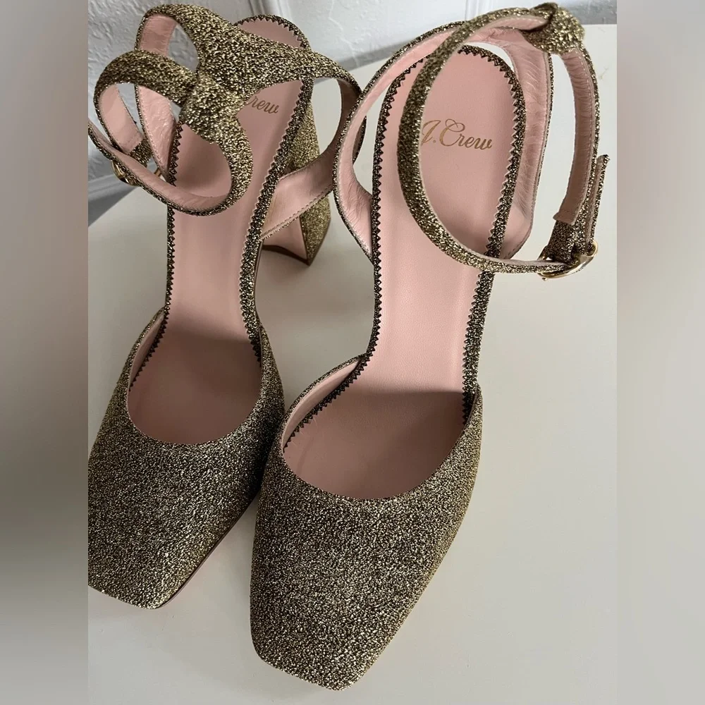 J. Crew Harlow Ankle Strap Gold Glitter Heels NWOB Made in Italy Leather Bottoms - Picture 8 of 8